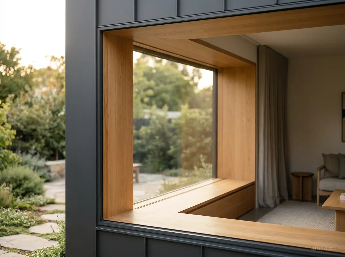 Wood-aluminium alu-clad window with oak inside and dark aluminium outside