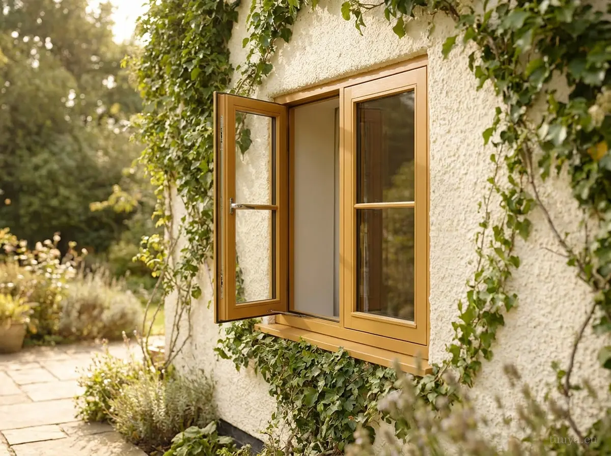 Timber casement window hinged open outward in a rendered cottage wall