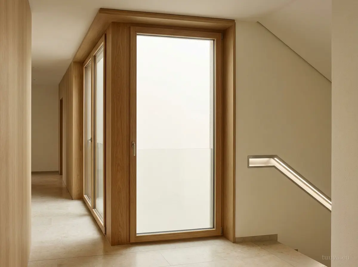 Fire-rated timber window in the calm corridor of a modern timber building