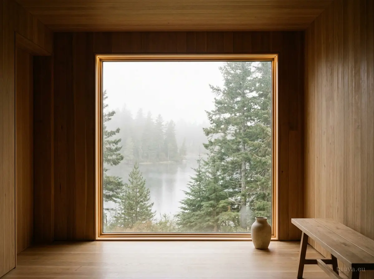 Large fixed picture window in a timber frame framing a forest and lake