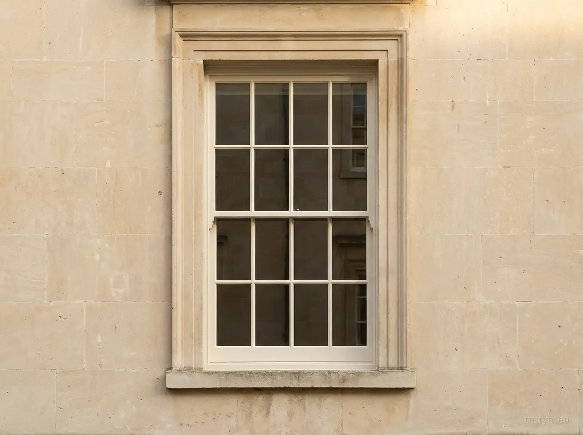 Restored heritage timber sash window in a historic stone facade
