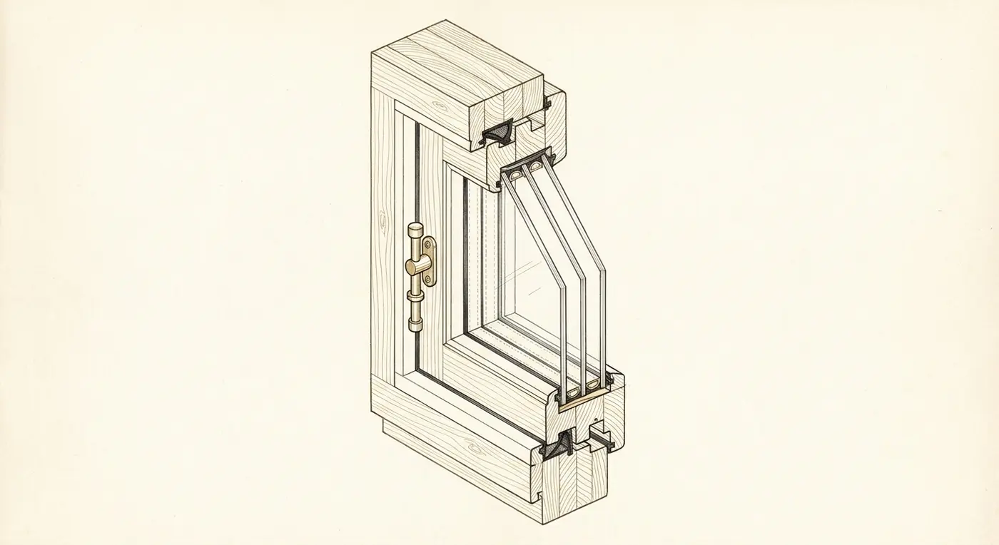 Cutaway drawing of a timber window in section showing the frame, sash, triple glazing, seals and multi-point hardware