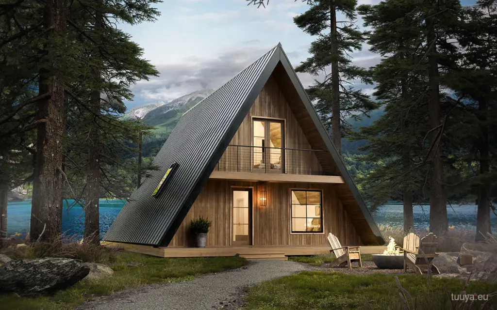 A-frame cabin design by a mountain lake