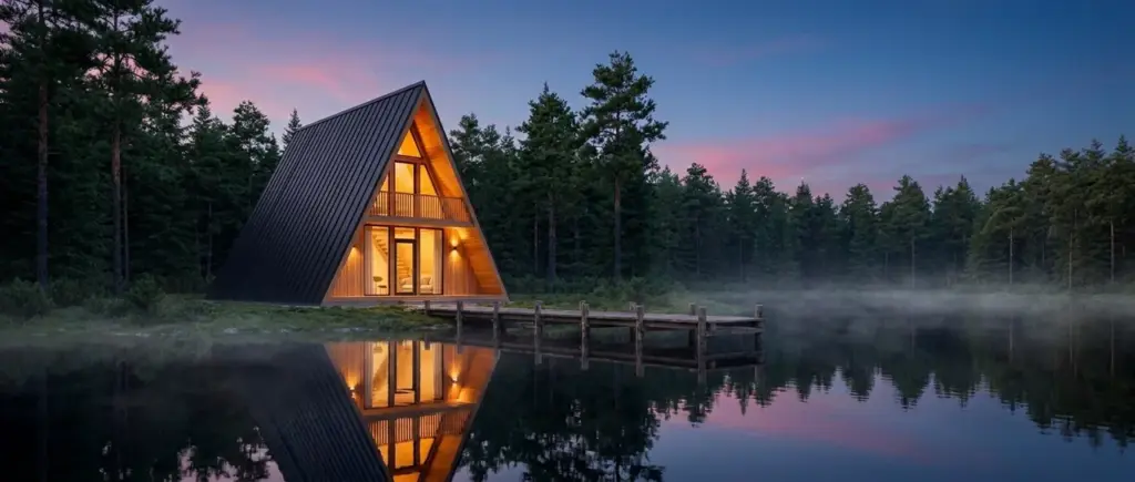 A-frame cabin by a lake at dusk