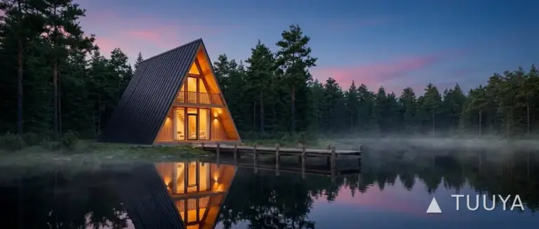A-frame cabin by a lake at dusk