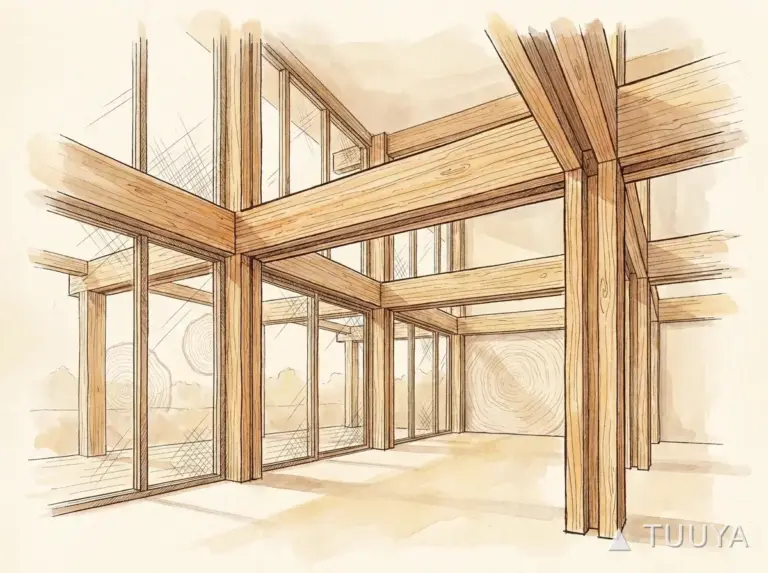 Editorial drawing of a glulam timber frame interior