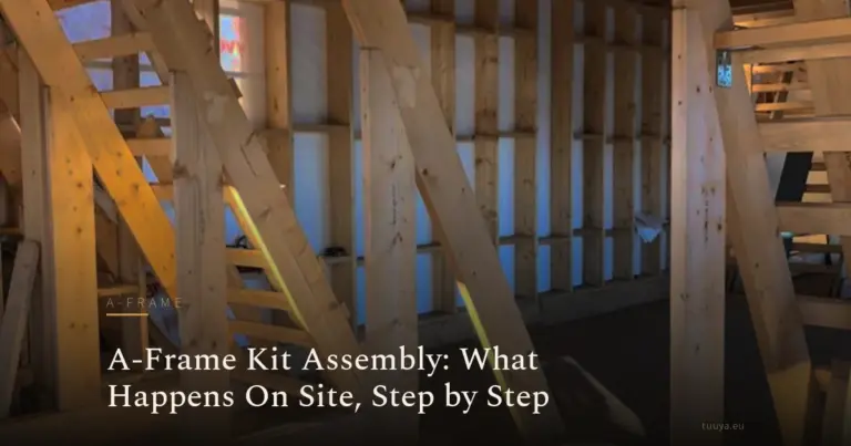 Inside an A-frame during assembly: rafters, studs and the floor platform in place.