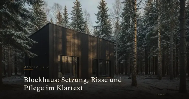 Ein Holzhaus mit dunkler Fassade auf einer Lichtung im winterlichen Nadelwald.