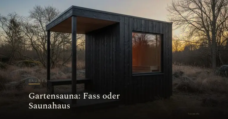 Ein Saunahaus mit dunkler Holzfassade und überdachter Veranda in der Abenddämmerung.