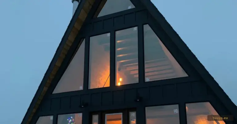 Insulating an A-frame: the continuous roof-wall of a timber A-frame at dusk