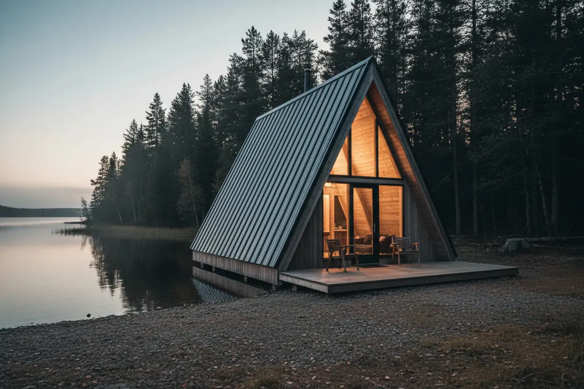 An A-frame kit by the water, where the glazed gable does the work of a whole wall