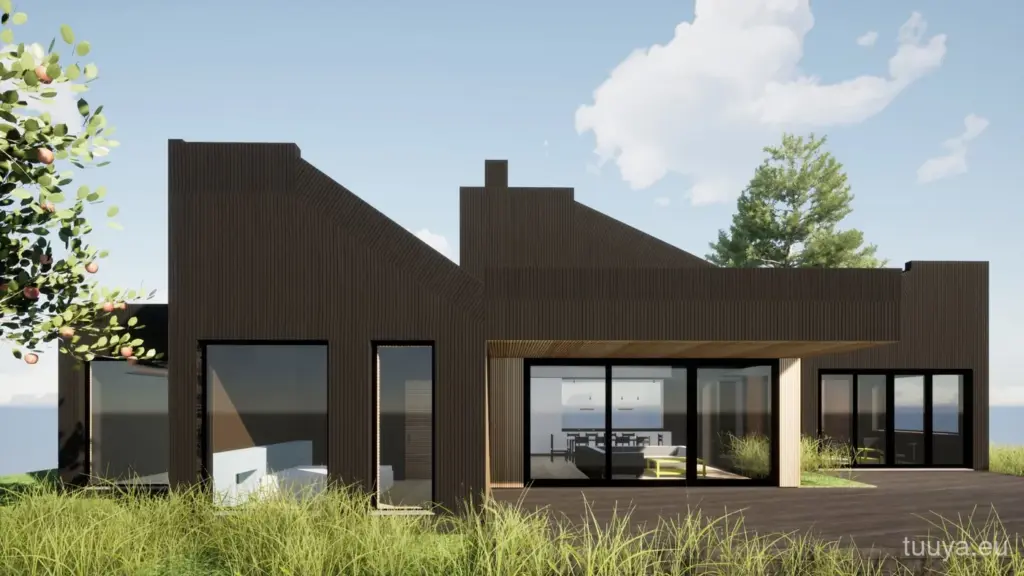Design visualisation of an award-winning black timber house, garden facade