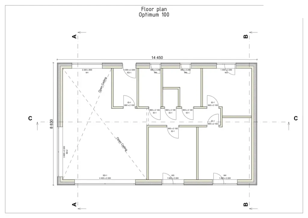 Technical floor plan labelled Optimum 100, marking an open-ceiling living area and openings