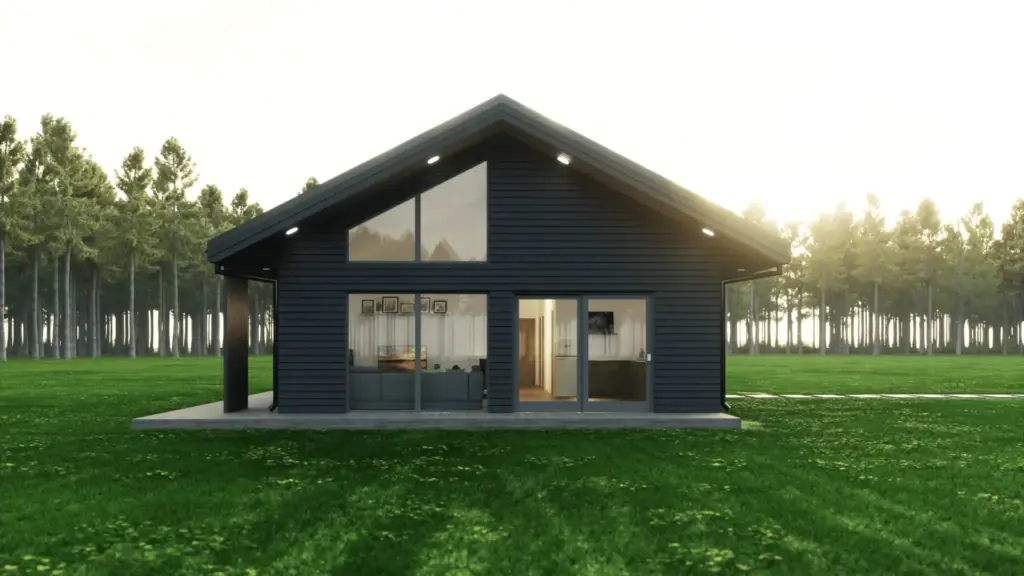 Gable end with full-height glazing, a triangular clerestory window and recessed eave lighting