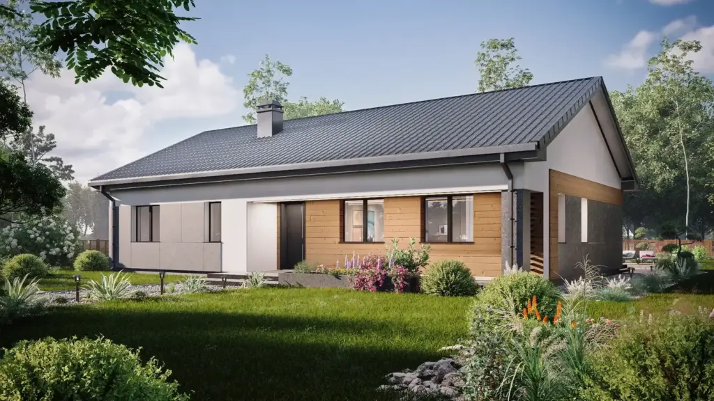 Entrance side in pale render, horizontal timber cladding and a vertical timber screen