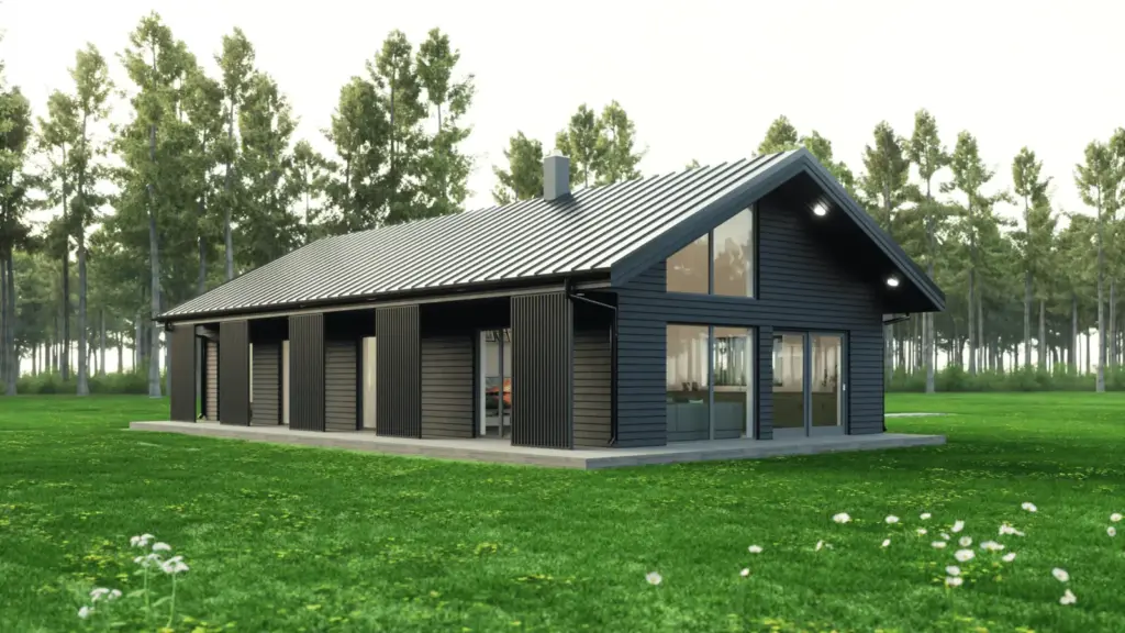 Long facade seen at three-quarters, in horizontal boards and vertical timber slats