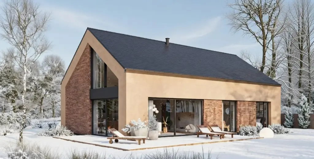 Winter render of the same model in clay brick and sand render under a dark tiled roof