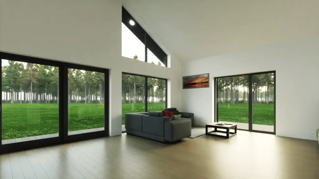 Interior render of a living room open to the roof under a triangular gable window