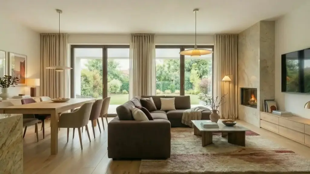Living and dining render around a stone-framed fireplace with garden glazing