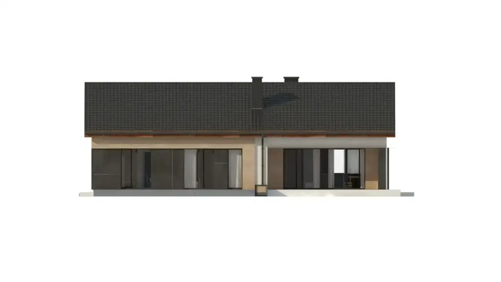 Technical rear elevation showing the roofline, chimneys and a recessed covered terrace
