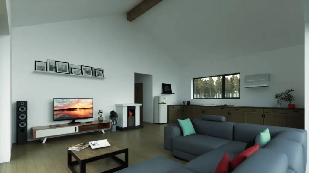 Living area with a sloped ceiling, an exposed beam, a fireplace and a kitchen beyond