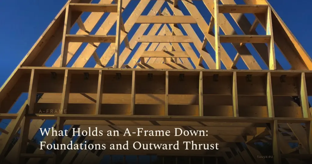 An A-frame timber frame standing against a clear sky, seen from below at the gable end.