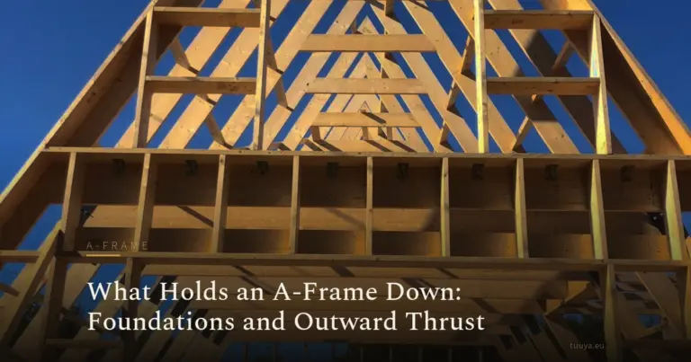 An A-frame timber frame standing against a clear sky, seen from below at the gable end.