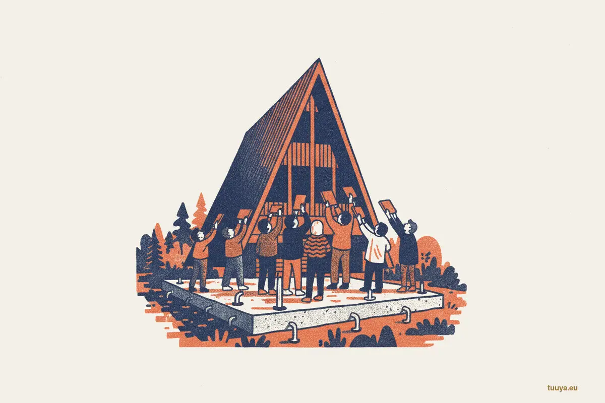 A crowd photographing the roof of an A-frame while the slab and its anchors sit unnoticed at their feet.