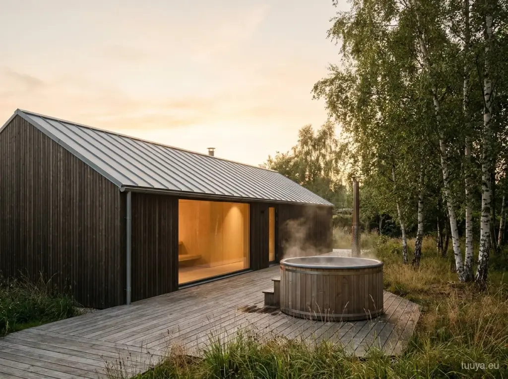 Gartensauna-Refugium mit Badezuber, 7,5 m