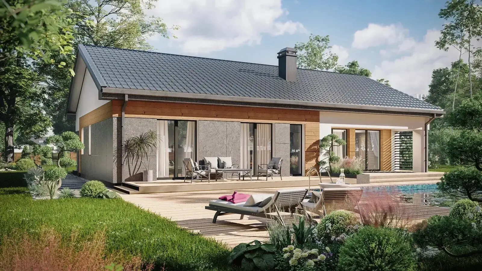 Single-storey house rendered with a wide gable roof, a terrace and a garden pool