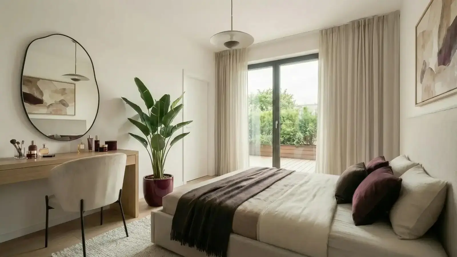 Bedroom render with a dressing table, a round mirror and doors to a terrace