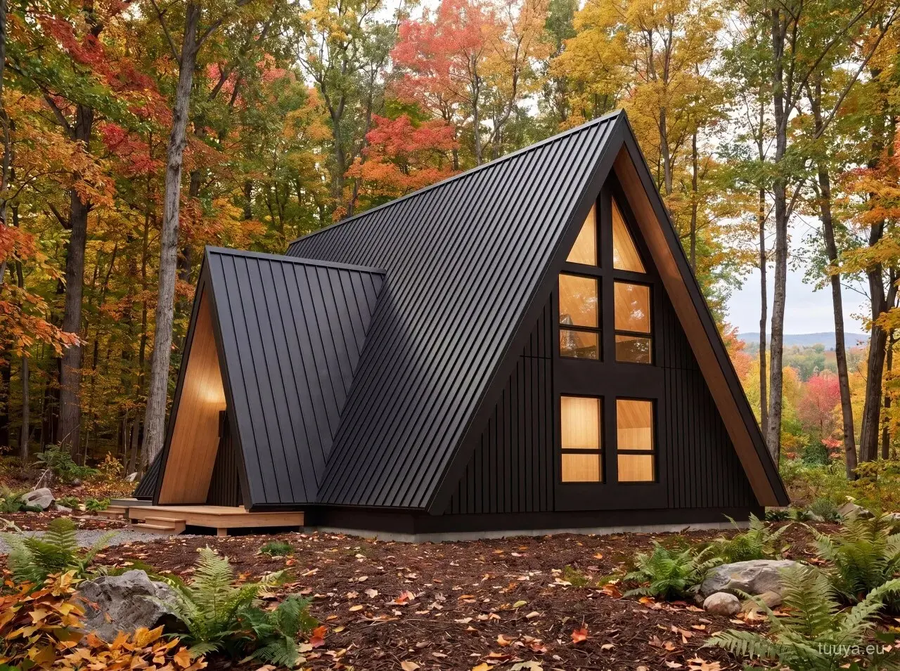 A timber A-frame house in an autumn forest