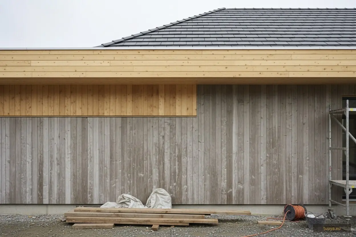Vergraute Holzfassade unter dem Dachüberstand