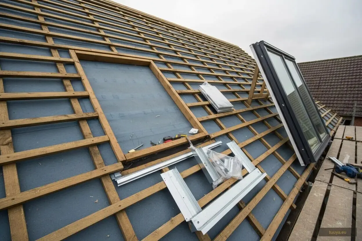 A-Frame-Dachfläche im Rohbau mit Konterlattung und Unterdach: hier sitzt der gesamte Dämm- und Wetterschutz in einer geneigten Ebene.