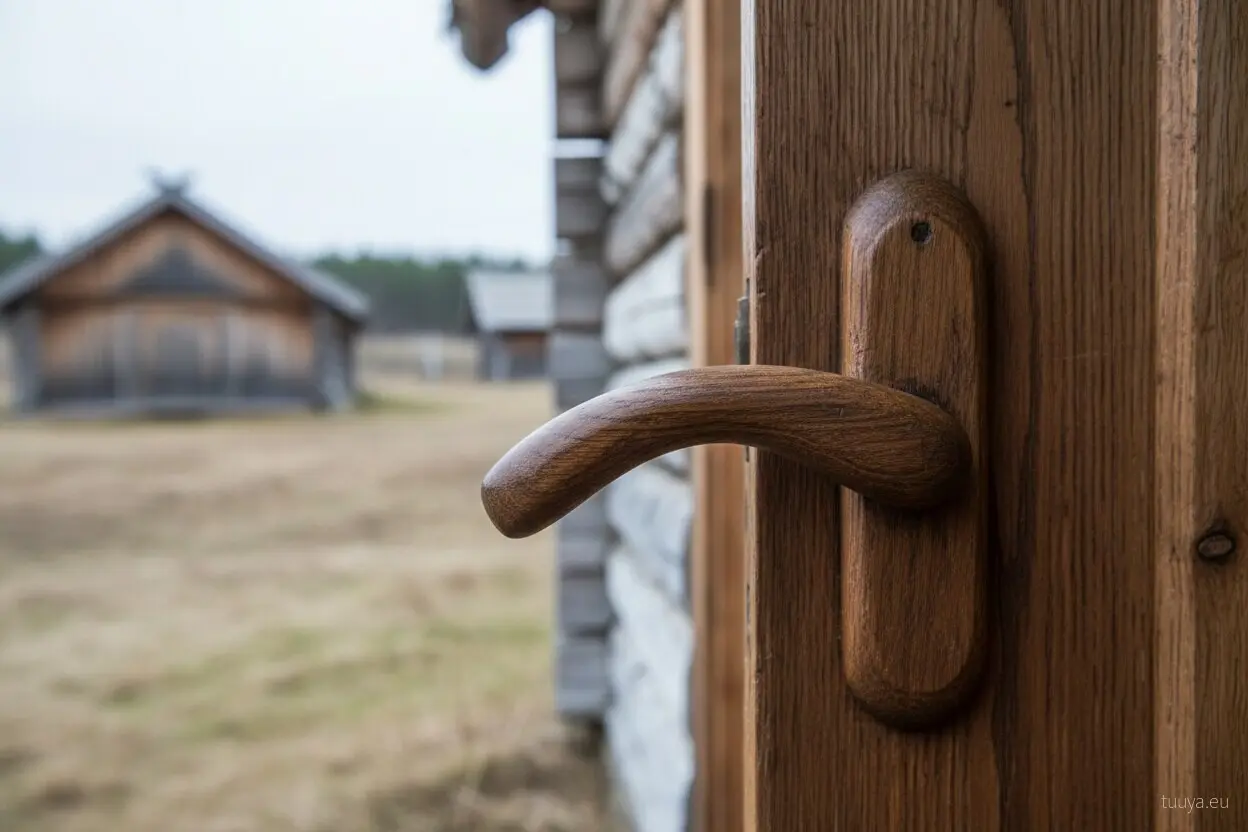 Close-up of a lever handle on a timber entrance door, with a log house in the background