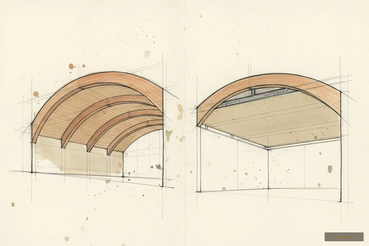 Two ways to treat one span: exposed glulam left visible in the room, or a flat ceiling hung beneath the same member.
