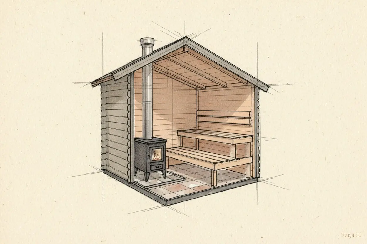 The stove sits inside the hot room: the flue leaves it, crosses the ceiling and passes out through the roof, and the benches are laid out around both.