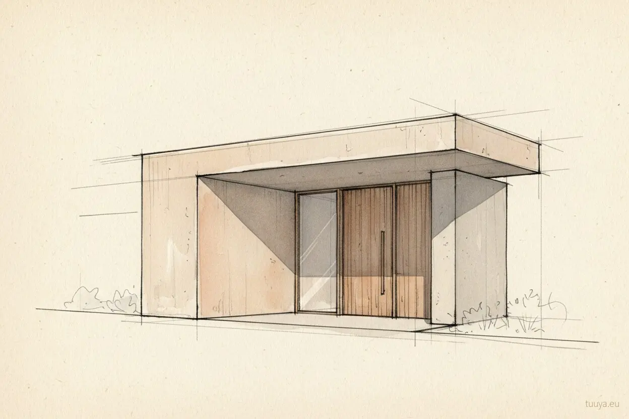 Sketch of a flat-roofed timber house with a recessed entrance under an overhanging canopy