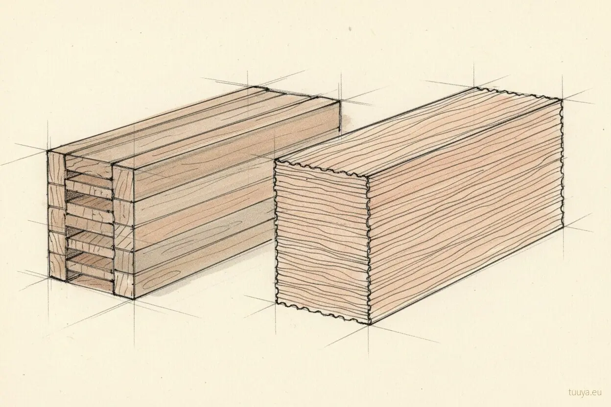 The glulam vs LVL difference in one drawing: a beam of stacked sawn lamellas next to a beam of many thin peeled veneers, both at the same depth.
