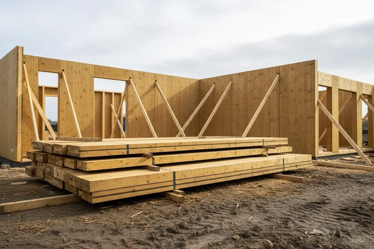 Cross-laminated panels stacked before assembly, each one holding carbon absorbed while the trees grew