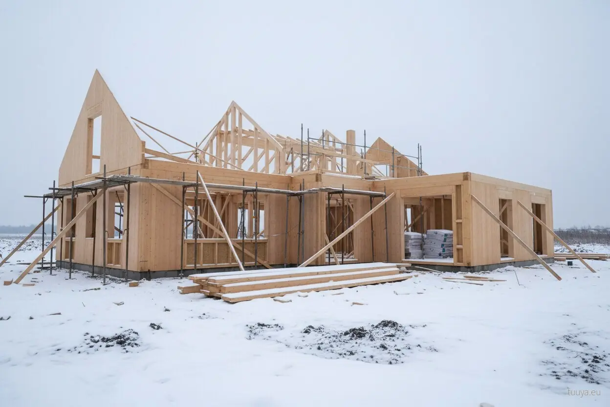 Massivholz-Rohbau im Schnee: Wände und Dachstuhl stehen, Dämmebene und Bekleidung folgen.