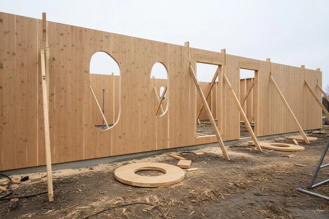 Vorgefertigtes Massivholz-Wandelement mit zwei ovalen Fensteröffnungen: die Öffnungen entstehen im Werk, der Verschnitt gehört in die Kalkulation.