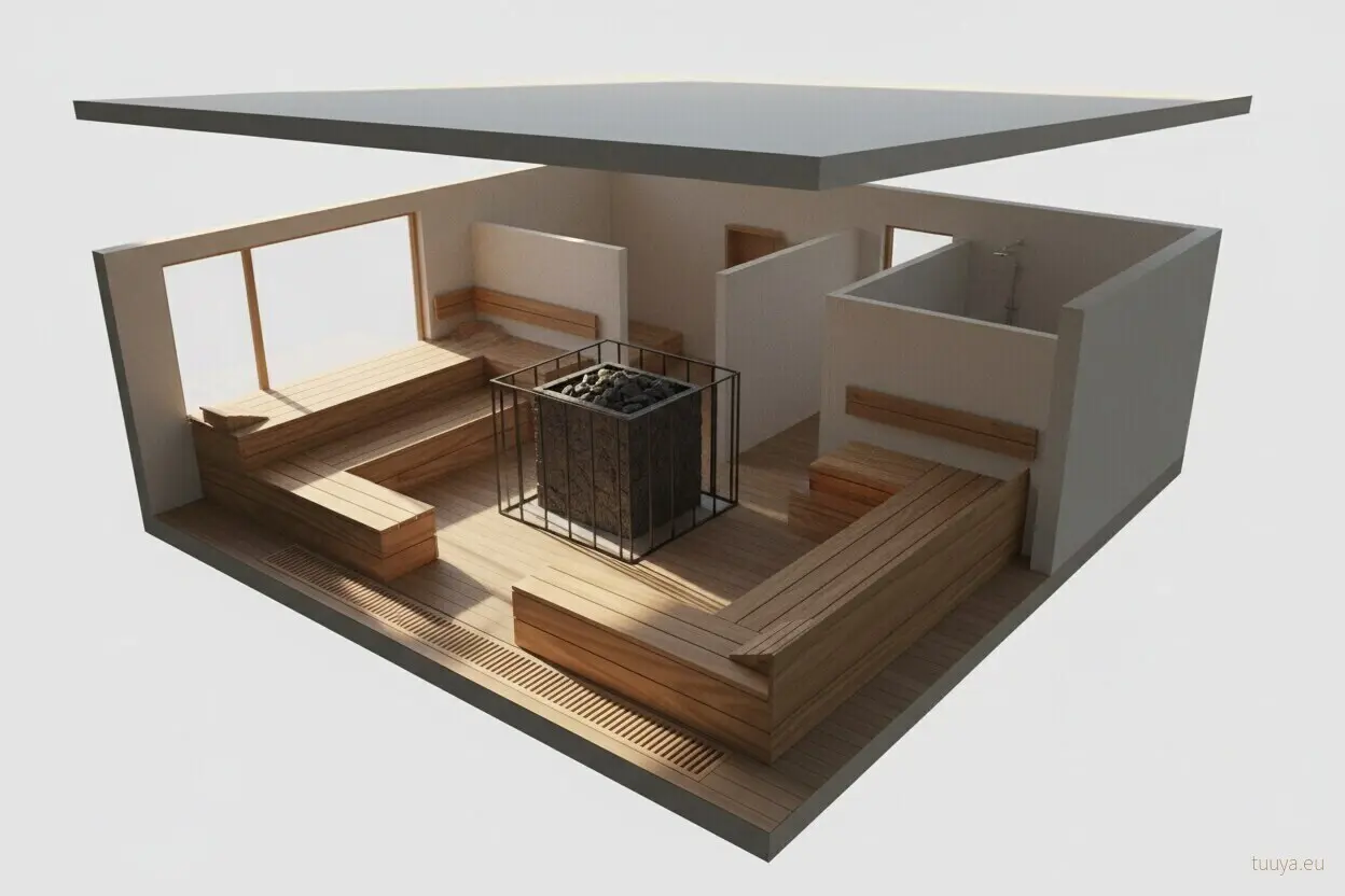 Roof lifted off: the heater position sets the bench layout, the safety guard and where air enters the cabin.