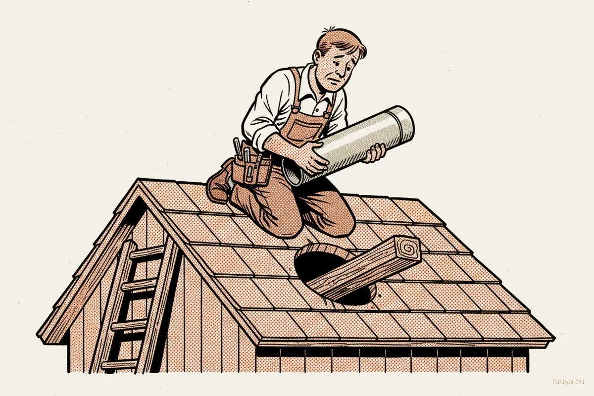 Cabin ordered, stove chosen later: the flue lands exactly on a rafter.