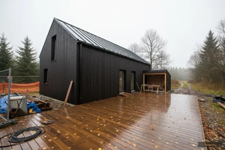 Timber house in autumn rain