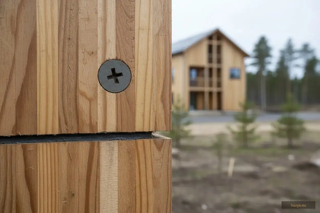 Close-up of a timber element with a single cross-head screw above a horizontal joint, with a timber house out of focus behind