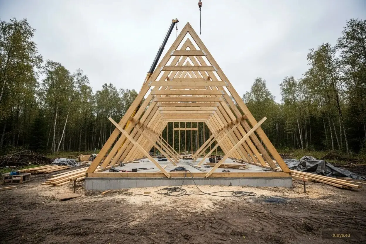 A-frame mājas konstrukcija montāžas laikā: slīpās plaknes ir gan jumts, gan sienas.