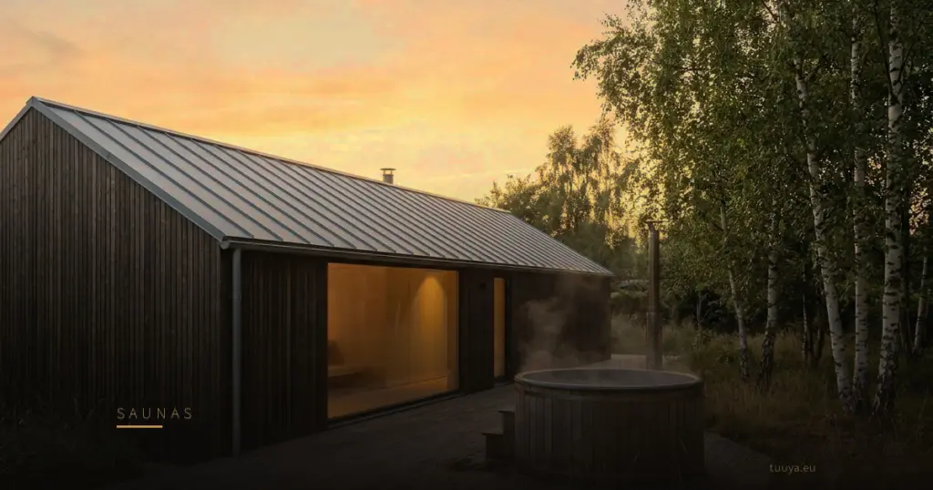 A 7.5 metre garden sauna with a round hot tub steaming on the deck at evening
