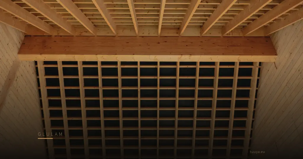 Closely spaced timber joists and a slatted screen forming the ceiling of an interior