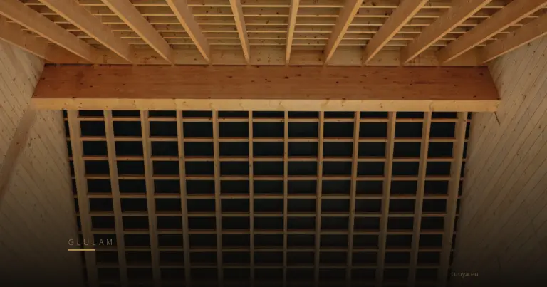 Closely spaced timber joists and a slatted screen forming the ceiling of an interior